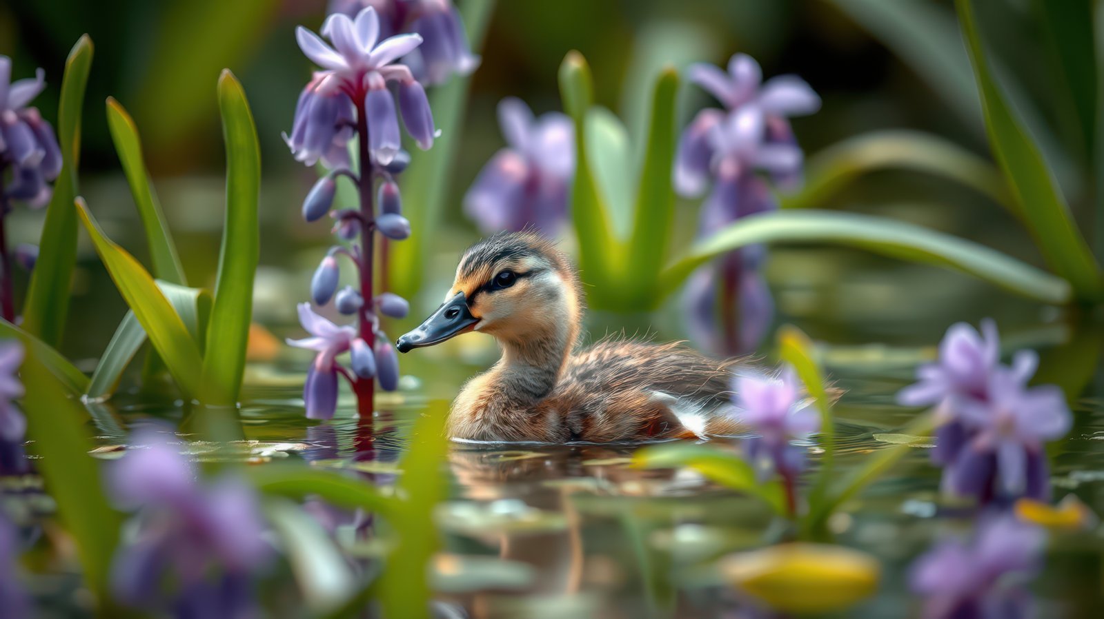 Cute duckling swims among purple flowers in a serene pond during a sunny afternoon